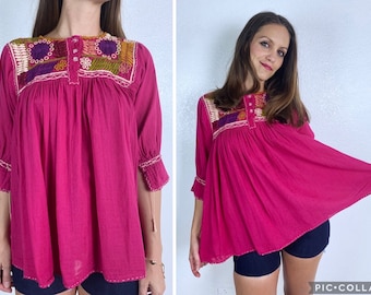 vintage 70s FUCHSIA Pink embroidered MEXICAN TOP Large/os babydoll tunic colorful top ethnic blouse shirt boho hippie handmade tie sleeve