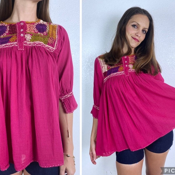 vintage 70s FUCHSIA Pink embroidered MEXICAN TOP Large/os babydoll tunic colorful top ethnic blouse shirt boho hippie handmade tie sleeve