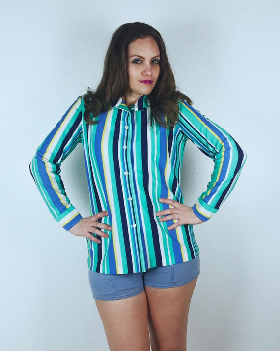 vintage 70s MINT STRIPED Disco BLOUSE Large disco… - image 9