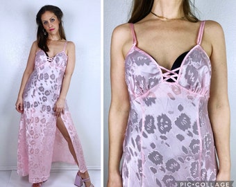 vintage 90s Pastel Pink VICTORIAS SECRET Burnout Slip DRESS Large high slit deadstock nwt sheer floral print cut out bodice lingerie boudoir