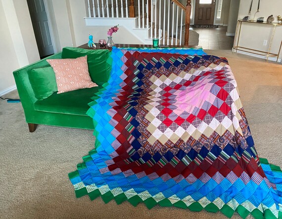 Vintage 70s Rainbow PATCHWORK King Size QUILT TOPPER 91x86 Vintage 