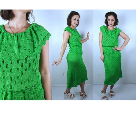 vintage 70s LIME GREEN Two Piece SWEATER Set Large/xl pointelle knit dress boho matching Set secretary 70s midi skirt cut out ruffle spring vintage 70s LIME GREEN Two Piece SWEATER Set Large/xl pointelle knit dress boho matching Set secretary 70s midi skirt cut out ruffle spring