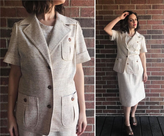 vintage 60s OATMEAL retro 3 PIECE SUIT set Extra L