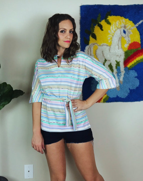vintage 70s Pastel CANDY STRIPED belted TUNIC Top… - image 8