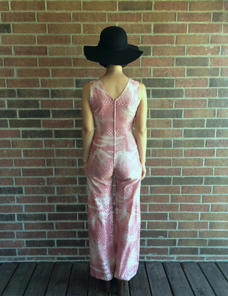 vtg 70s Dusty Pink BIRD PRINT silver metallic Bellbottom JUMPSUIT xss disco pantsuit glam avant garde boho hippie festival romper playsuit