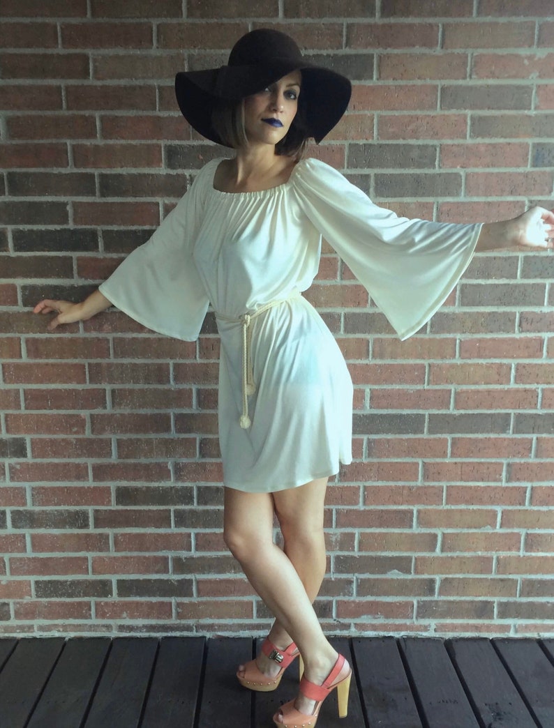 vintage 60s CREAM angel sleeve MINI DRESS Small belted draped Grecian goddess dress wide sleeve boho festival jersey hippie dress 70s dress