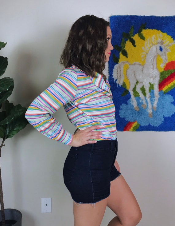 vintage 70s CANDY STRIPED rainbow pastel BLOUSE M… - image 4