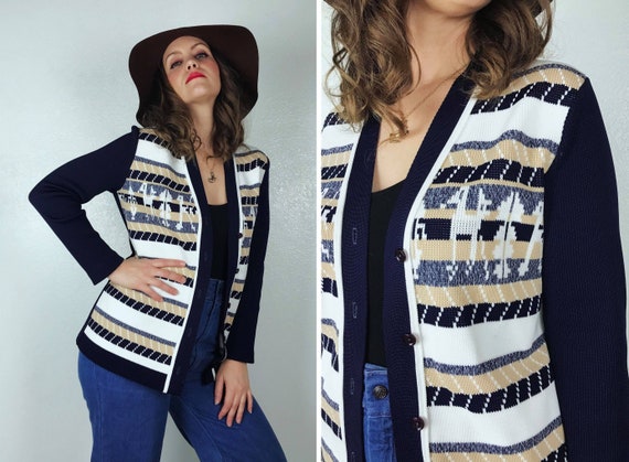 vintage 70s LLAMA PRINT navy striped CARDIGAN Medi