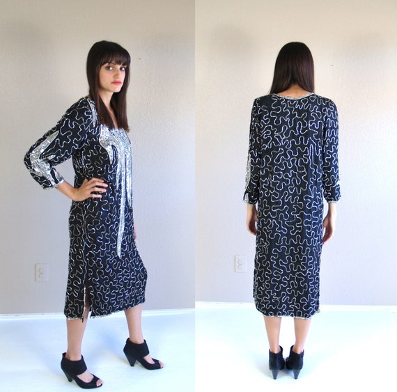 vintage 80s black SILVER sequinned FLAPPER DRESS … - image 5