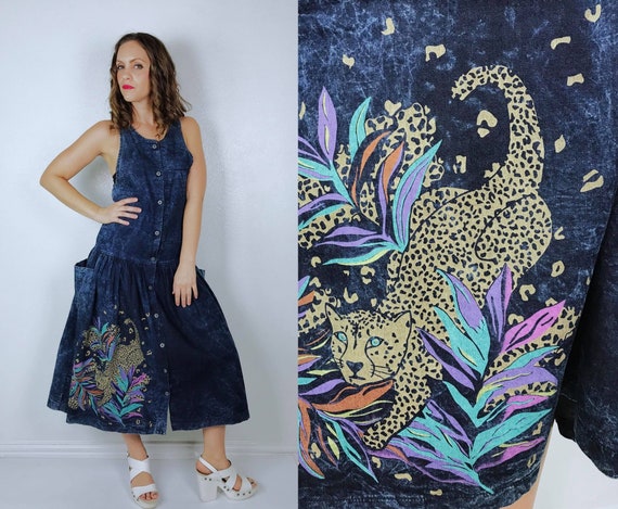 vintage 80s CROUCHING LEOPARD Print acid wash DRES