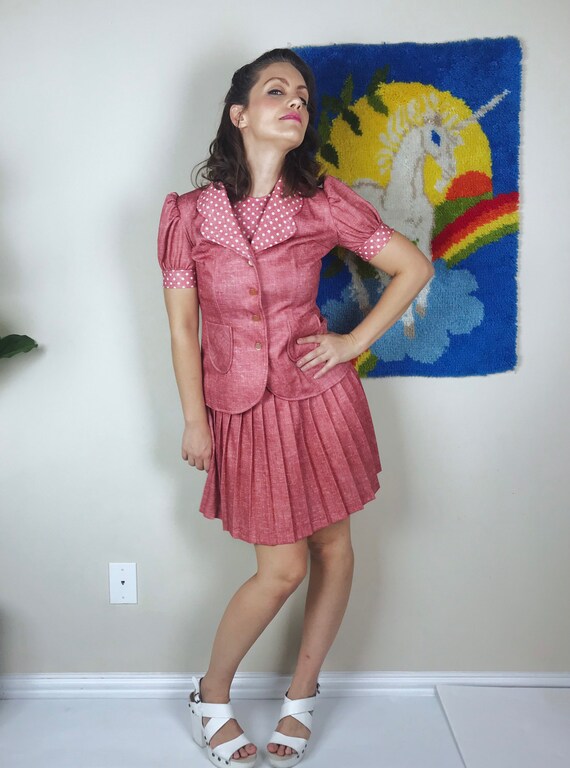 vintage 60s Dusty Rose POLKA DOT Two Piece DRESS … - image 8