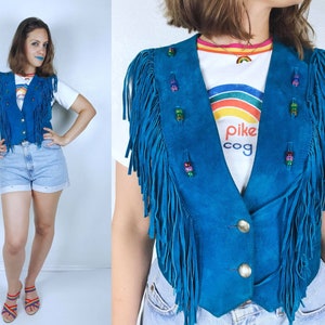 vintage 80s Teal SUEDE leather Colorful Beaded FRINGE VEST xs boho hippie Pioneer Wear turquoise festival jacket 80s leather vest bohemian image 1