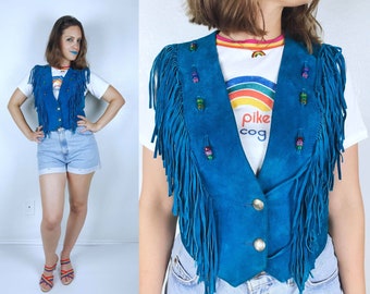 vintage 80s Teal SUEDE leather Colorful Beaded FRINGE VEST xs boho hippie Pioneer Wear turquoise festival jacket 80s leather vest bohemian