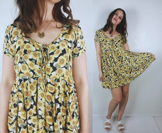 size medium women/'s vintage vintage size medium grunge mini 90s PETITE blue /& yellow FLORAL dress