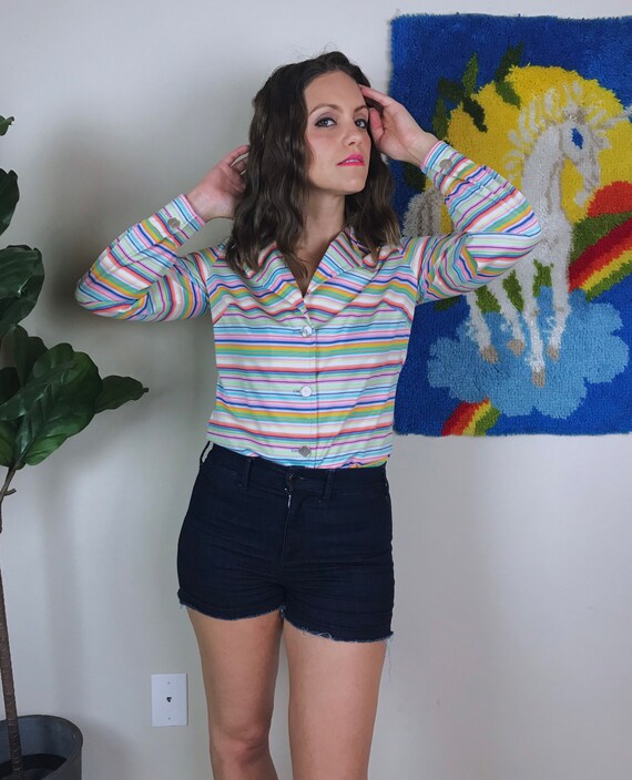 vintage 70s CANDY STRIPED rainbow pastel BLOUSE M… - image 6