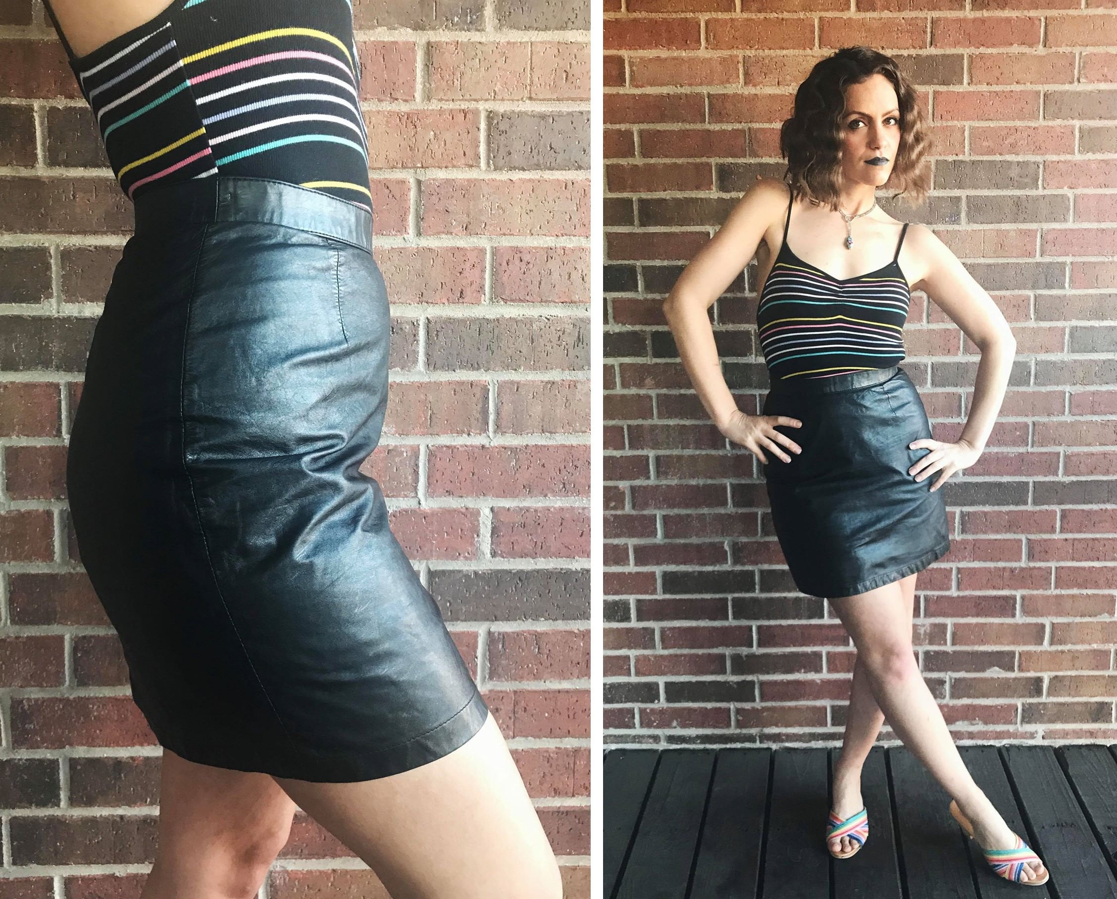 Vintage 80s BLACK high waisted LEATHER Mini SKIRT xs/25/26 Etsy