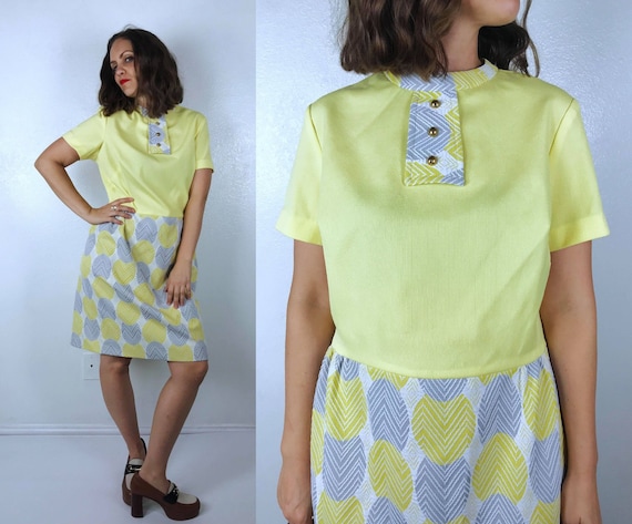 vintage 60s Yellow, Gray ZIG ZAG Polka Dot mod DR… - image 1