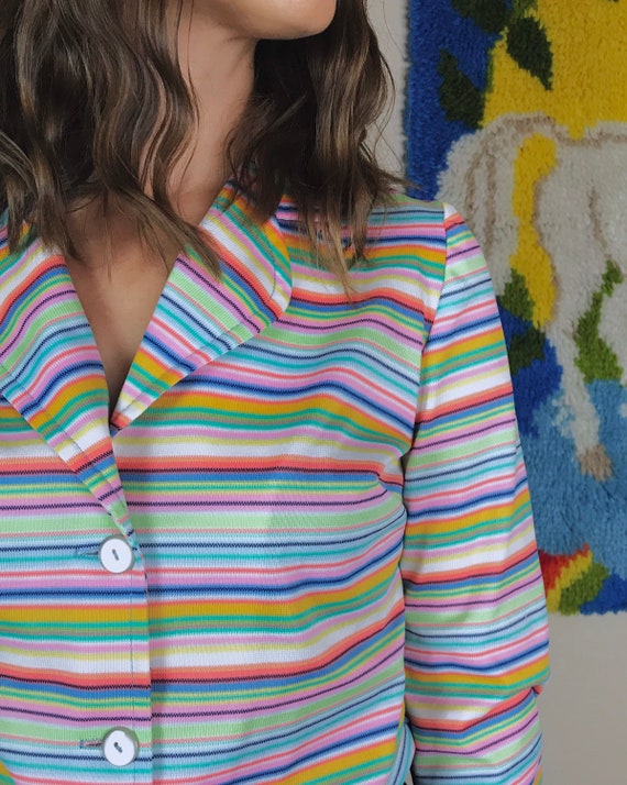 vintage 70s CANDY STRIPED rainbow pastel BLOUSE M… - image 5