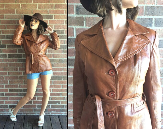 Vtg 70s CARAMEL Brown LEATHER JACKET Medium/large Belted Boho Etsy