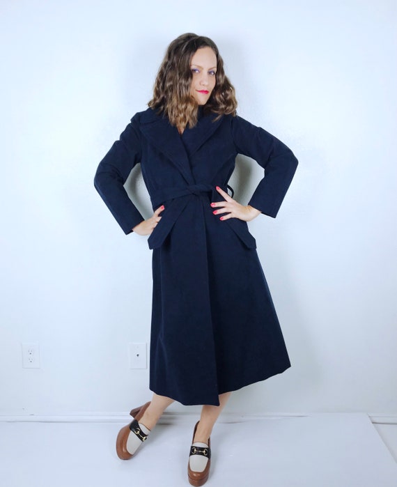 vintage 70s Faux Suede NAVY Belted WRAP COAT Smal… - image 2