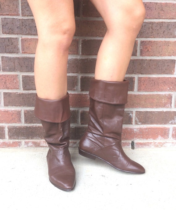 vintage 80s BROWN Tall RIDING Cuff BOOTS 8.5 flat