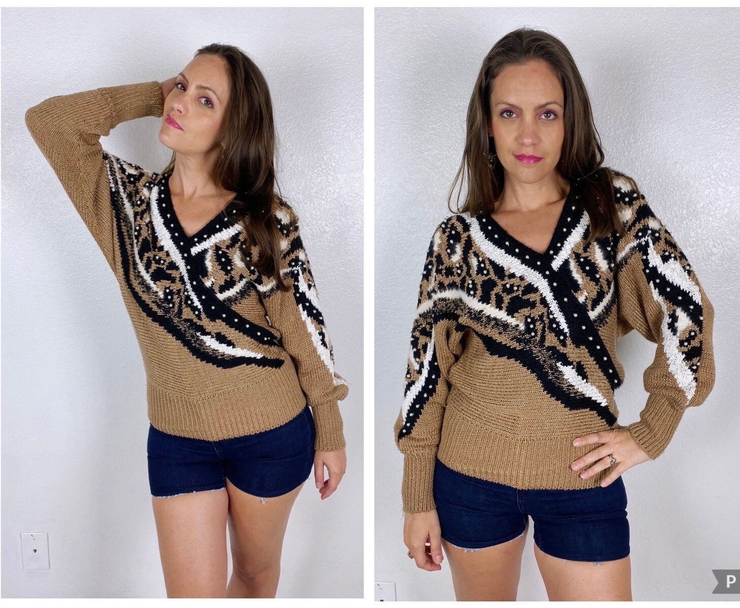 vintage 80s LEOPARD PRINT Angora, Lambswool SWEATER Small batwing pearl beaded animal print toffee brown cheetah print slouchy knit top chic