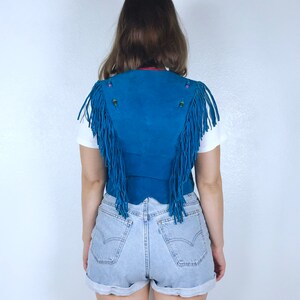vintage 80s Teal SUEDE leather Colorful Beaded FRINGE VEST xs boho hippie Pioneer Wear turquoise festival jacket 80s leather vest bohemian image 10