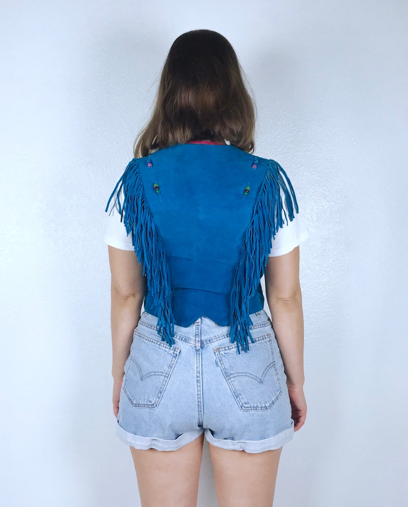 vintage 80s Teal SUEDE leather Colorful Beaded FRINGE VEST xs boho hippie Pioneer Wear turquoise festival jacket 80s leather vest bohemian image 10