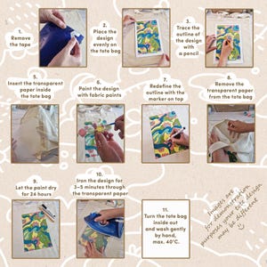 May include: An instructional graphic featuring eleven numbered steps for decorating a canvas tote bag. The process includes removing tape, tracing a colorful abstract floral design, painting with fabric paints, using a marker, and ironing for 3-5 minutes.