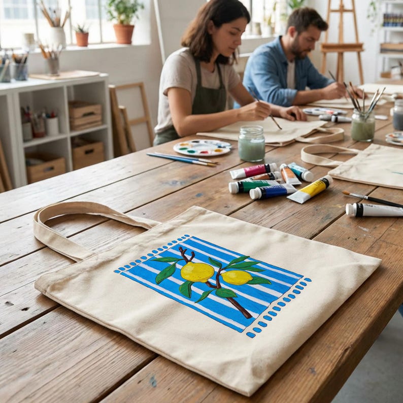 May include: A beige canvas tote bag featuring a rectangular graphic print of two yellow lemons on a brown branch with green leaves, set against a background of vertical blue and white stripes with a decorative dotted border on the top and bottom.