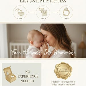 Może przedstawiać: Grafika instruktażowa zestawu DIY przedstawiająca 3-etapowy proces: mieszanie, wlewanie i noszenie. Zawiera tekst EASY 3-STEP DIY PROCESS, Turn Moments Into Memories, NO EXPERIENCE NEEDED oraz złotą pieczęć z napisem SUCCESS GUARANTEE.