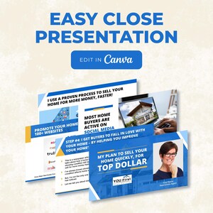 May include: A presentation template with the text "EASY CLOSE PRESENTATION" in blue. The image includes several slides with text such as "I USE A PROVEN PROCESS TO SELL YOUR HOME FOR MORE MONEY, FASTER!" and "MY PLAN TO SELL YOUR HOME QUICKLY, FOR TOP DOLLAR."
