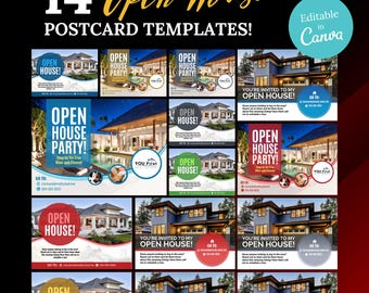 Postales de puertas abiertas, postal inmobiliaria moderna, postal inmobiliaria agrícola, postal inmobiliaria editable, plantilla de Canva, marketing por correo