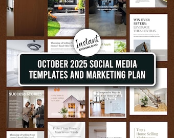 Plantillas para redes sociales inmobiliarias de octubre, publicaciones de Instagram para agentes inmobiliarios de otoño, publicaciones y subtítulos de Facebook, plantilla de Canva para marketing inmobiliario