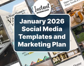 Plantillas de redes sociales para el sector inmobiliario de enero, plantillas para publicaciones en redes sociales para el sector inmobiliario, publicaciones en redes sociales para agentes inmobiliarios, plantillas de Instagram Canva.