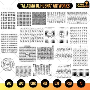 Pode incluir: Uma coleção de obras de arte digitais com caligrafia árabe e padrões geométricos. As obras de arte incluem vários designs com o texto "AL ASMA UL HUSNA" e ícones de formato de arquivo como SVG, EPS, CDR, PDF, DXF, PSD e AI.