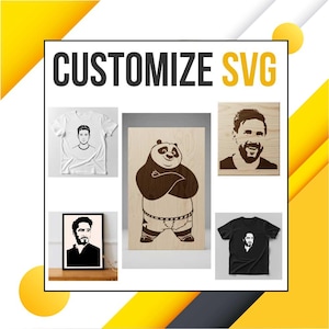 May include: The image displays various customisable SVG designs. It features a white t-shirt with a black outline of a person, a wooden carving of a panda, a framed portrait, and two t-shirts with portraits. The text "CUSTOMIZE SVG" is visible.