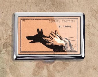 Shadow Puppet Instruction Playing Guitar Art Nouveau Vintage Metal Cigarette Case, Purse Joint Holder, Business Card ID Holder Wallet