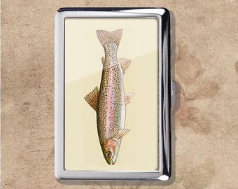 Rainbow Trout Fish Playing Guitar Art Nouveau Vintage Metal Cigarette Case, Purse Joint Holder, Business Card ID Holder Wallet