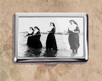 Four young nuns fishing Art Nouveau Vintage Metal Cigarette Case, Purse Joint Holder, Business Card ID Holder Wallet, Vintage French