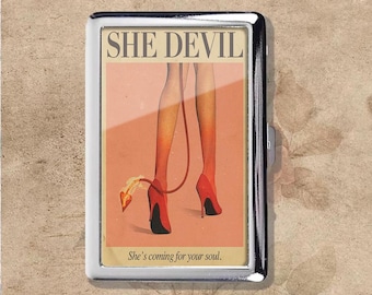 Estuche para cigarrillos de metal estilo retro Art Nouveau con diseño de cola de diablo, portamonedas y tarjetero.