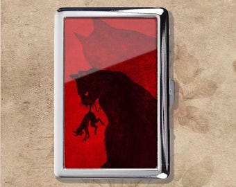 Estuche para cigarrillos de metal estilo retro Art Nouveau con diseño de gato come ratas, portamonedas y tarjetero.