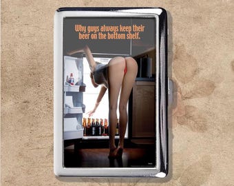 ¿Por qué los hombres guardan su cerveza en el fondo? Estuche de cigarrillos de metal estilo art nouveau retro, portamonedas, tarjetero.