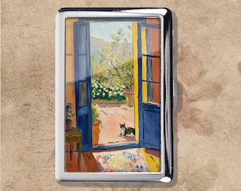 Estuche para cigarrillos de metal estilo art nouveau retro con diseño de gato en el jardín, portamonedas y tarjetero.