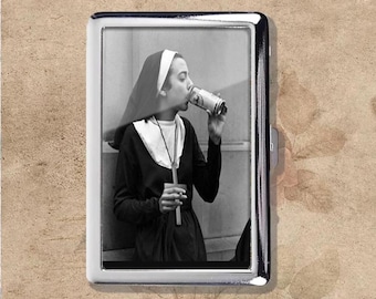 Nuns Drinking Art Nouveau Vintage Metal Cigarette Case, Purse Joint Holder, Business Card ID Holder Wallet, Vintage French