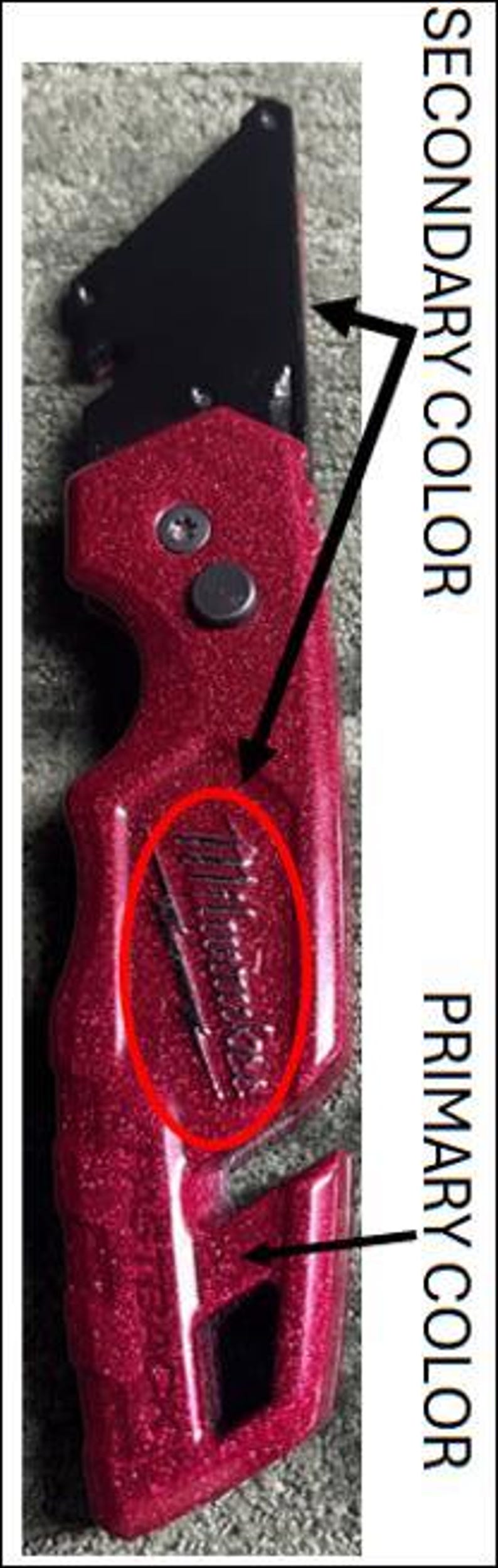 May include: A red utility knife with a black blade. The handle has a glittery finish and a small, etched design. The knife is designed for cutting and general use.