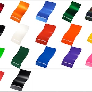 May include: A color chart displaying various metallic, glossy, and textured powder coat samples. The samples are in a wavy shape and come in a variety of colors, including red, orange, blue, green, black, white, yellow, and pink. The word "Metallic", "Glossy", and "Textured" are written above the color samples.