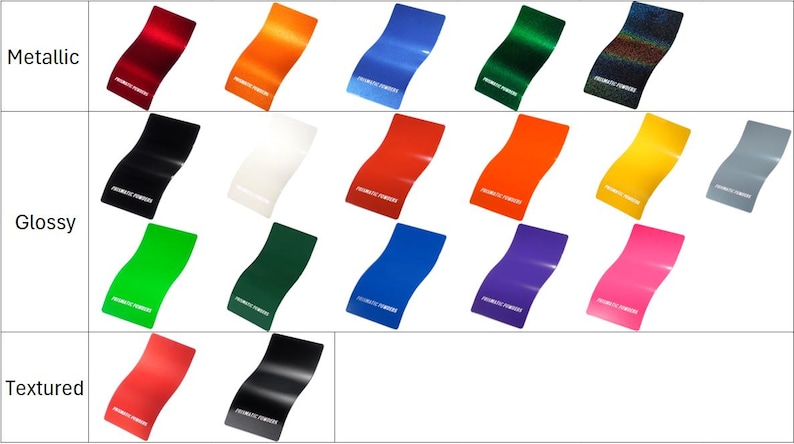 May include: A color chart displaying various metallic, glossy, and textured powder coat samples. The samples are in a wavy shape and come in a variety of colors, including red, orange, blue, green, black, white, yellow, and pink. The word "Metallic", "Glossy", and "Textured" are written above the color samples.
