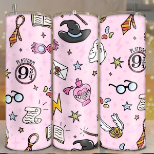May include: Pink tumbler featuring various Harry Potter-themed illustrations, including a witch's hat, glasses, a lightning bolt, and the Platform 9 3/4 logo. The tumbler has a straw and is covered in stars and other magical symbols.