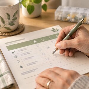 May include: A white paper medication tracker with a green header and rows featuring icons for pills, tablets, and liquids. The grid includes columns for time of day marked by sun and moon icons. A sage green pen is used to check off boxes on the form.